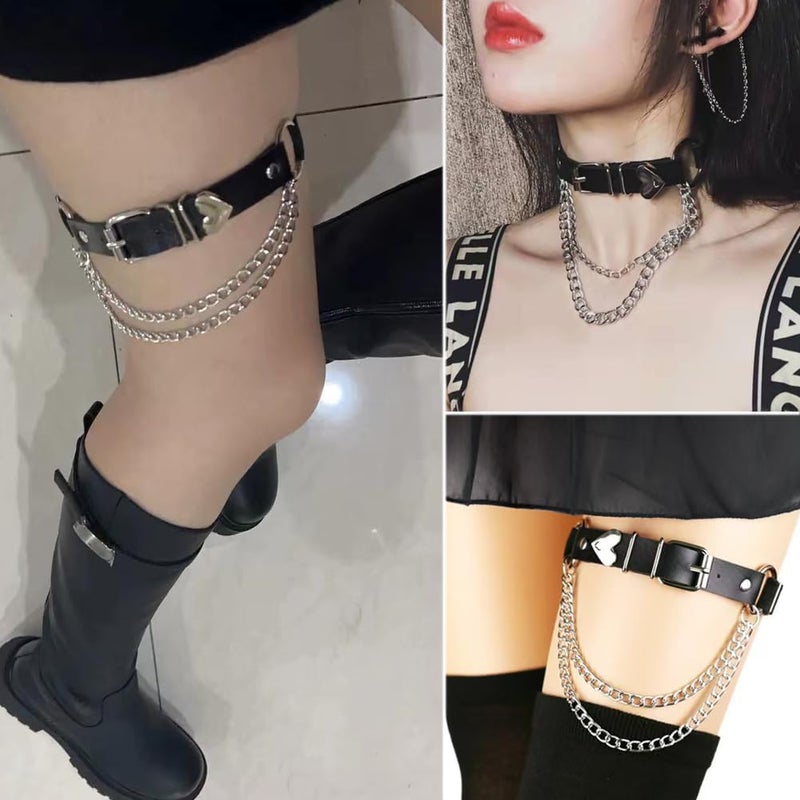 Lockban Adjustable Heart-Shaped Thigh Garter 2 Pieces Punk Leather Garter Belts Leg Garter with Chains Body Accessories - Image 3